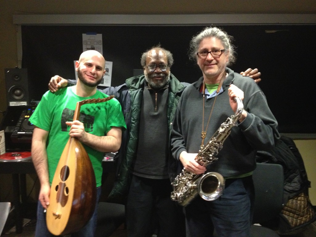 SoSaLa w. WNUR Chicago host Eric Ricks and Alex Wing (oud), March 8, 2013 (Photo by Jessica Jiayue Peng)